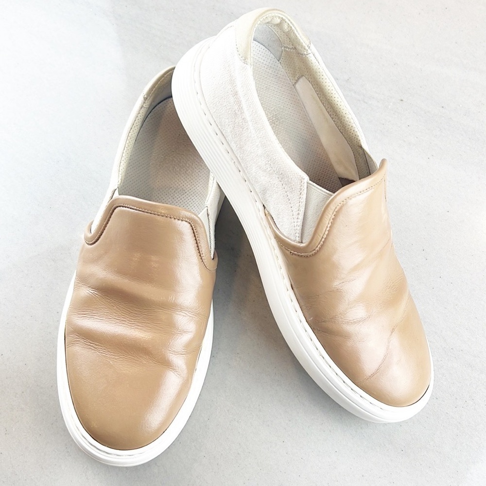 BRUNELLO Cucinelli Mens Leather and Canvas Slip On Low Top Sneakers Tan Beige 42